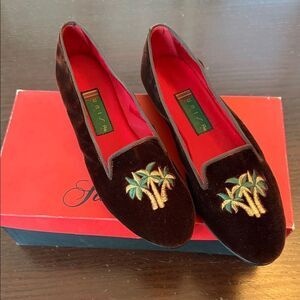 Unisa Brown Velvet Loafers with Palm Tree Design